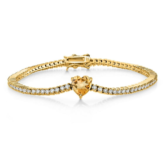 Gem Stone King 18K Yellow Gold Plated Silver Yellow Citrine and White Moissanite Tennis Bracelet for Women (4.33 Cttw, Gemstone Birthstone, Heart Shape 8MM, 7.25 inch)