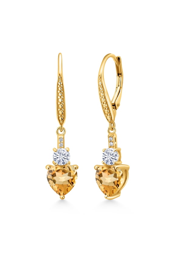 18K Yellow Gold Plated Silver Yellow Citrine White Moissanite and White Lab Grown Diamond Drop Dangle Earrings for Women (2.49 Cttw, Heart Shape 7MM, Round 4MM)