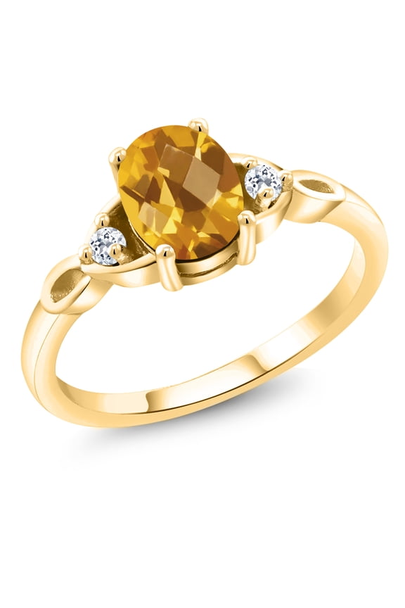 18K Yellow Gold Plated Silver Yellow Citrine and White Topaz 3-Stone Rings for Women (1.33 Cttw, Gemstone November Birthstone, Oval Checkerboard 8X6MM, Available in Size 5, 6, 7, 8, 9)