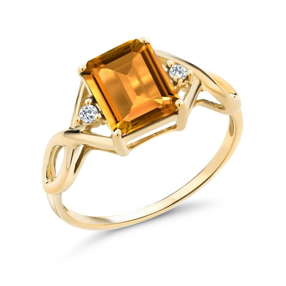 Gem Stone King 18K Yellow Gold Plated Silver Yellow Citrine and White Topaz Engagement Ring for Women | 2.41 Cttw | Emerald Cut 9X7MM | Wedding Anniversary Promise Ring for Women| Size 8