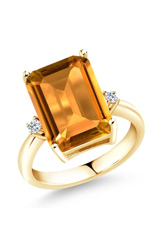 18K Yellow Gold Plated Silver Yellow Citrine and White Topaz Ring for Women (6.84 Cttw, Emerald Cut Checkerboard 14x10MM, Gemstone November Birthstone, Size 6)