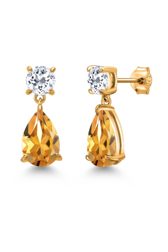18K Yellow Gold Plated Silver Yellow Citrine and White Topaz Teardrop Dangle Drop Earrings for Women (7.58 Cttw, Gemstone Birthstone, Pear Shape 12x8MM, Round 6MM)