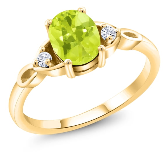 Gem Stone King 18K Yellow Gold Plated Silver Yellow Lemon Quartz and White Moissanite 3-Stone Rings for Women (1.18 Cttw, Gemstone, Oval 8X6MM, Available in Size 5, 6, 7, 8, 9)