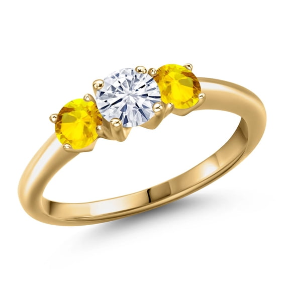 Gem Stone King 18K Yellow Gold Plated Silver White Moissanite and Yellow Sapphire Engagement Ring for Women | 1.22 Cttw | Round 5MM | Gemstone Birthstone | Size 5