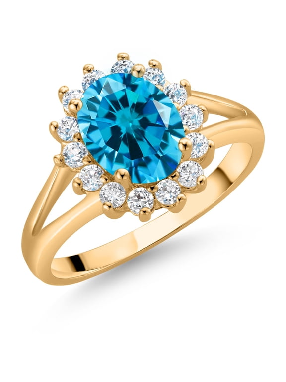 18K Yellow Gold Plated Vintage Victorian Blue and White CZ Cubic Zirconia Halo Engagement Ring for Women (Size 6)