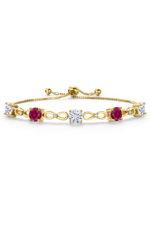 18K Yellow Gold Plated White Moissanite and Red Created Ruby Tennis Bracelet for Women | 4.46 Cttw | Gemstone Birthstone | Round 6MM | Fully Adjustable up to 9 inch