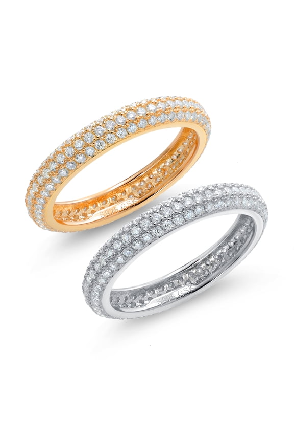 18K Yellow Gold Plated and White Silver Moissanite 3-Rows Micro Pave Setting Eternity Wedding Band Set of 2 Rings for Women (1.08 Cttw Each, Size 8)