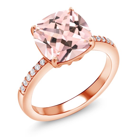 Gem Stone King 18k Rose Gold Plated Silver Peach Simulated Morganite Engagement Ring for Women (4.44 Cttw, Cushion 10MM, Available in Size 5, 6, 7, 8, 9)