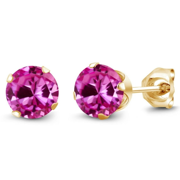 Gem Stone King 2.00 Ct 6mm Pink Created Sapphire 18K Yellow Gold Plated Silver Stud Earrings for Women Men
