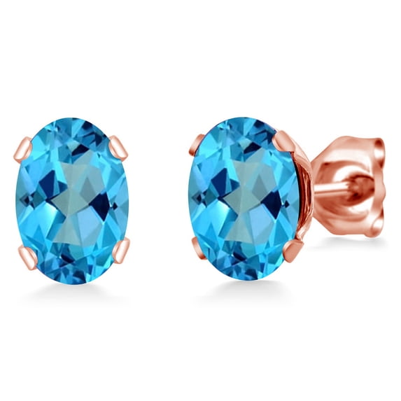 Gem Stone King 2.00 Ct 7x5mm American Blue Mystic Topaz Brass Rose Gold Plated Brass Stud Earrings for Women Men