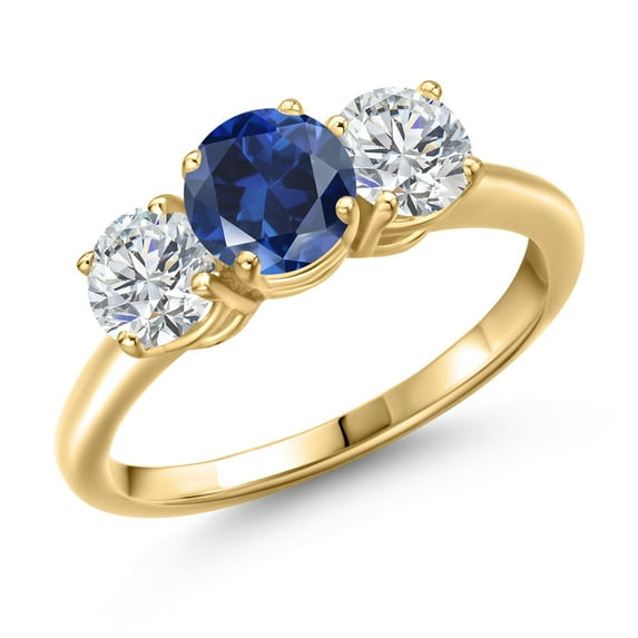 Gem Stone King 18K Yellow Gold Plated Silver Blue Created Sapphire and Lab Grown Diamond Engagement Ring for Women | 2.00 Cttw | Round 6MM | Gemstone September Birthstone | Size 5