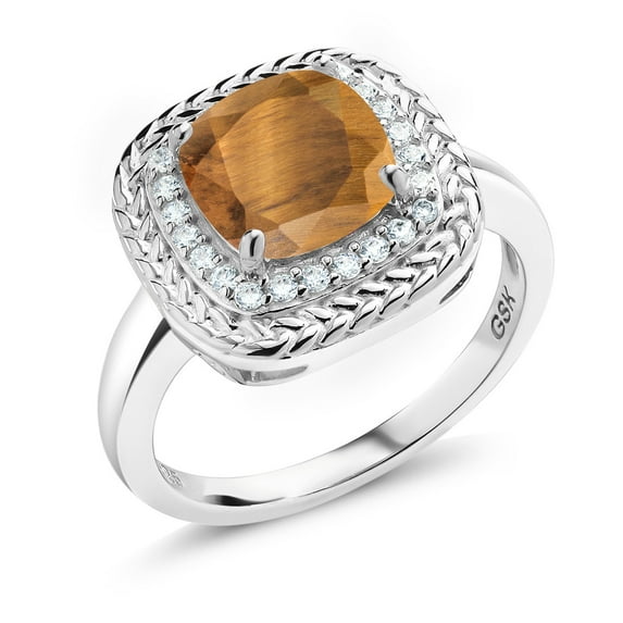 Gem Stone King 2.00 Ct Cushion Brown Tiger Eye 925 Sterling Silver Ring