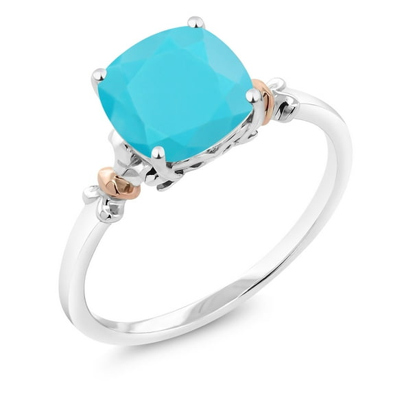 Gem Stone King 2.00 Ct Cushion Green Turquoise 925 Silver and 10K Rose Gold Ring