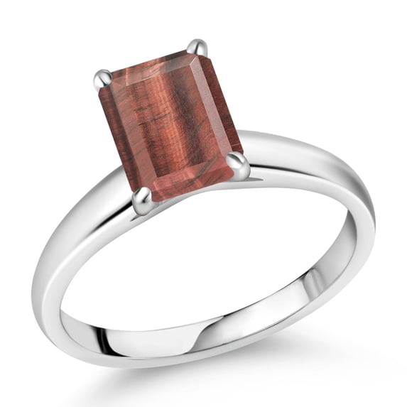 Gem Stone King 2.00 Ct Emerald Cut Red Tiger Eye 10K White Gold Ring