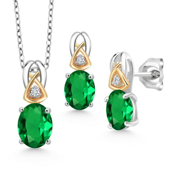 Gem Stone King 2.00 Ct Green Nano Emerald 925 Silver and 10K Yellow Gold Pendant and Earrings Jewelry Set