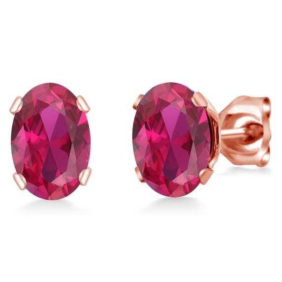 Gem Stone King 2.00 Ct Oval 7x5mm Red Created Ruby Brass Rose Gold Plated Brass Stud Earrings for Women Men