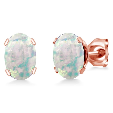 Gem Stone King 2.00 Ct Oval Cabochon 7x5mm White Simulated Opal Brass Rose Gold Plated Brass Stud Earrings for Women Men