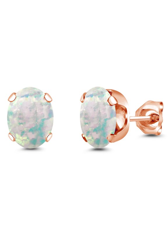 18K Rose Gold Plated Silver Simulated White Opal Stud Earrings for Women Men | 2.00 Cttw | Gemstone October Birthstone | Oval Cabochon 8X6MM