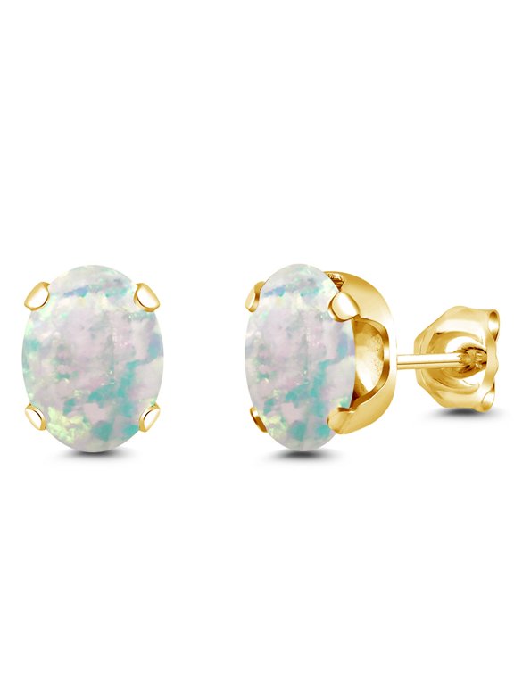 18K Yellow Gold Plated Silver Simulated White Opal Stud Earrings for Women Men | 2.00 Cttw | Gemstone October Birthstone | Oval Cabochon 8X6MM