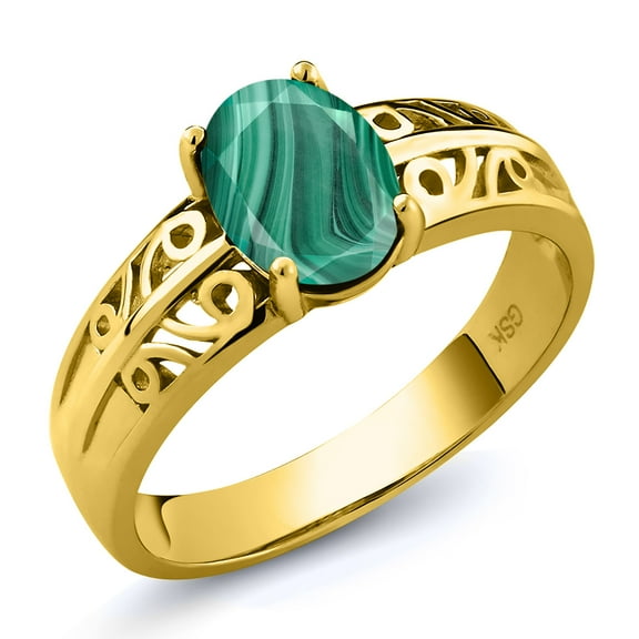 Gem Stone King 2.00 Ct Oval Green Malachite 18K Yellow Gold Plated Silver Ring (Size 6)
