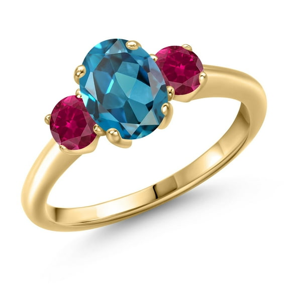 Gem Stone King 2.00 Ct Oval London Blue Topaz Red Created Ruby 18K Yellow Gold Plated Silver Ring