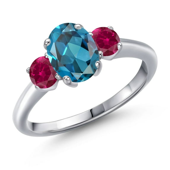 Gem Stone King 2.00 Ct Oval London Blue Topaz Red Created Ruby 925 Sterling Silver Ring