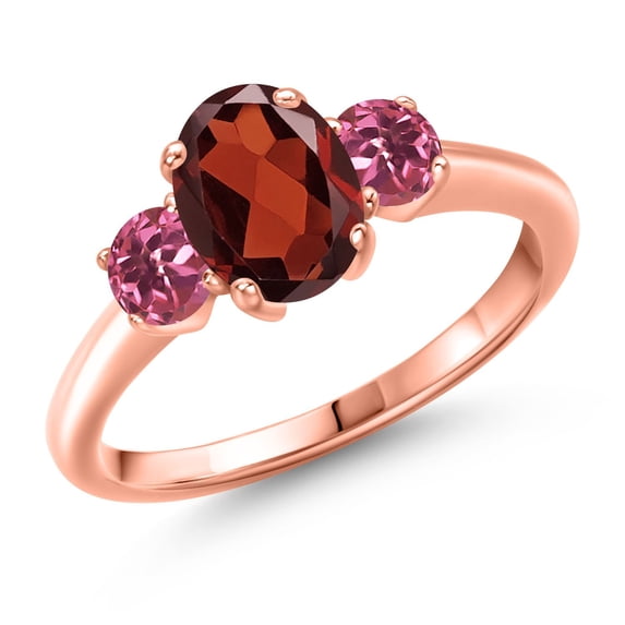 Gem Stone King 2.00 Ct Oval Red Garnet Pink Tourmaline 18K Rose Gold Plated Silver Ring