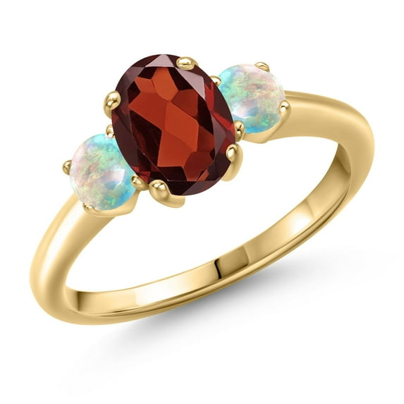 Gem Stone King 2.00 Ct Oval Red Garnet White Simulated Opal 18K Yellow Gold Plated Silver Ring