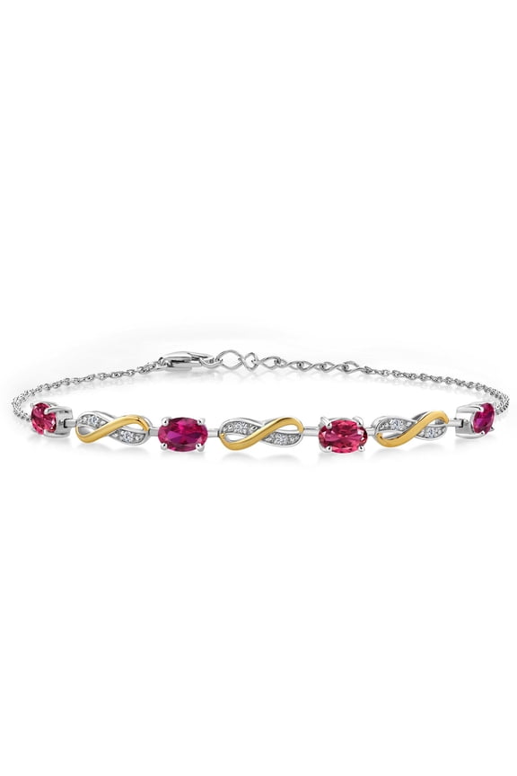 2.00 Ct Pink Tourmaline Red Created Ruby 925 Silver and 10K Yellow Gold Lab Grown Diamond Infinity Bracelet for Women Mother's Mom Wife Her, Fully Adjustable up to 7.5 inch)