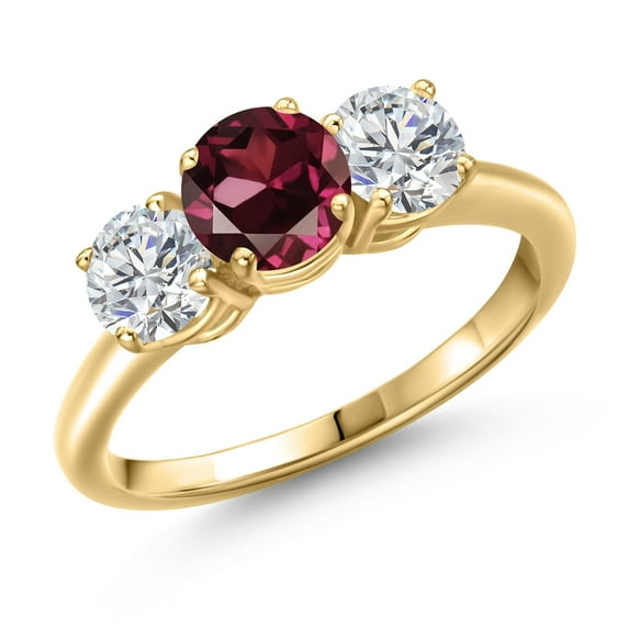 Gem Stone King 18K Yellow Gold Plated Silver Red Rhodolite Garnet and Lab Grown Diamond Engagement Ring for Women | 2.00 Cttw | Round 6MM | Gemstone January Birthstone | Size 6