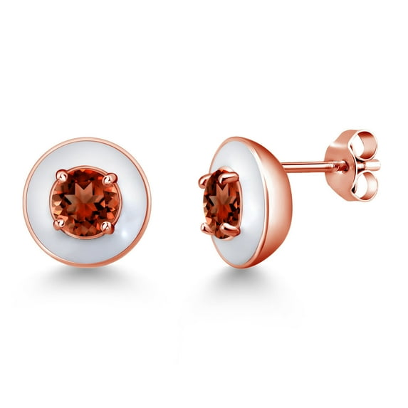 Gem Stone King 2.00 Ct Round 5mm Red Garnet 18K Rose Gold Plated Silver White Enamel Stud Earrings for Women Men
