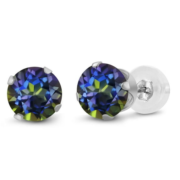 Gem Stone King 2.00 Ct Round 6mm Blue Mystic Topaz 10K White Gold Stud Earrings for Women Men