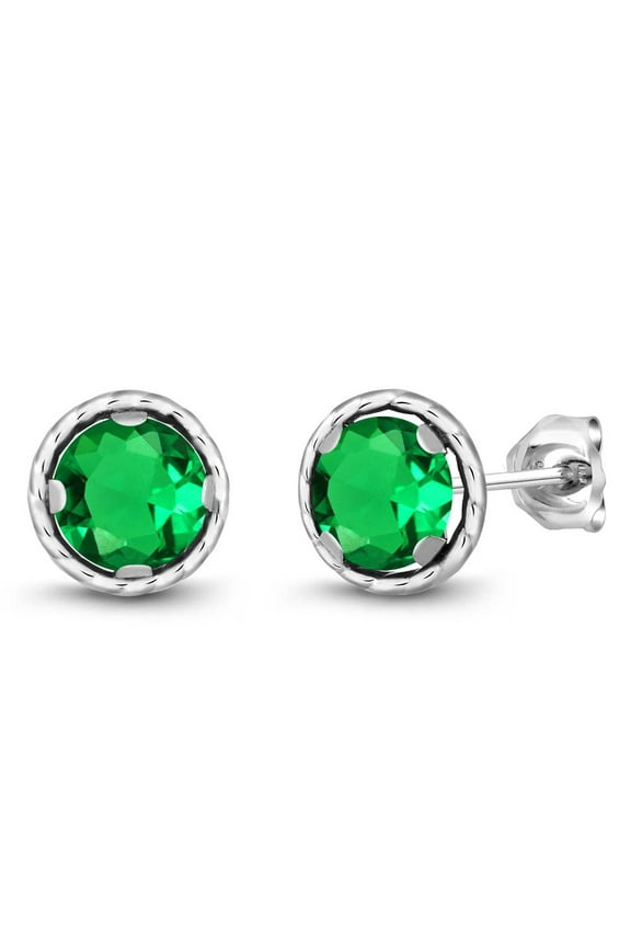 2.00 Ct Round 6mm Green Simulated Emerald 925 Sterling Silver Stud Earrings for Women Men