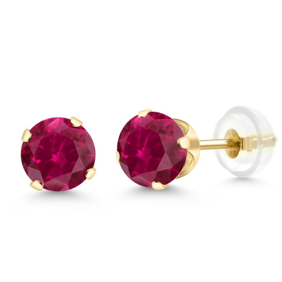 Gem Stone King 2.00 Cttw Round 6MM Red Created Ruby 14K Yellow Gold Stud Earrings for Women