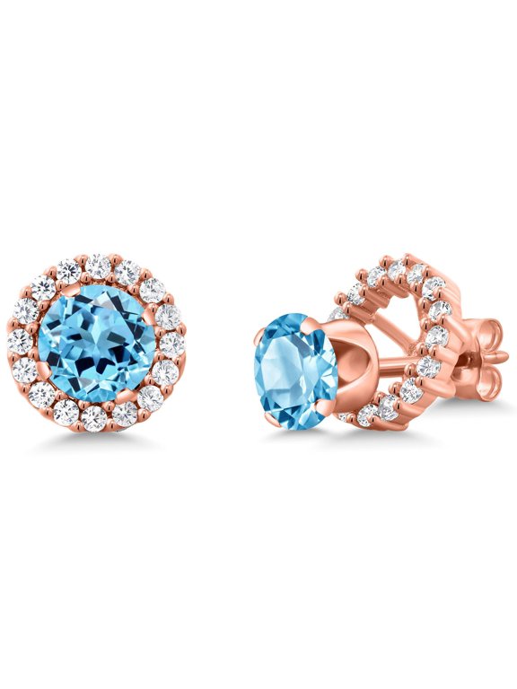 2.00 Ct Round 6mm Swiss Blue Topaz 18K Rose Gold Plated Silver Removable Jacket Stud Earrings