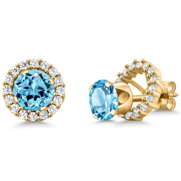Gem Stone King 2.00 Ct Round 6mm Swiss Blue Topaz 18K Yellow Gold Plated Silver Removable Jacket Stud Earrings