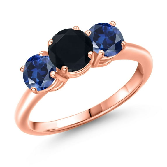 Gem Stone King 18K Rose Gold Plated Silver Black Onyx and Blue Created Sapphire Engagement Ring for Women | 2.00 Cttw | Round 6MM | Gemstone December Birthstone | Size 7