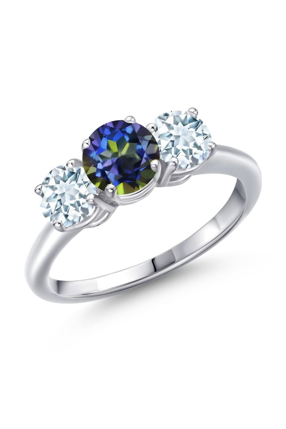 925 Sterling Silver Blue Mystic Topaz and Sky Blue Aquamarine Engagement Ring for Women | 2.00 Cttw | Round 6MM | Gemstone November Birthstone | Size 5