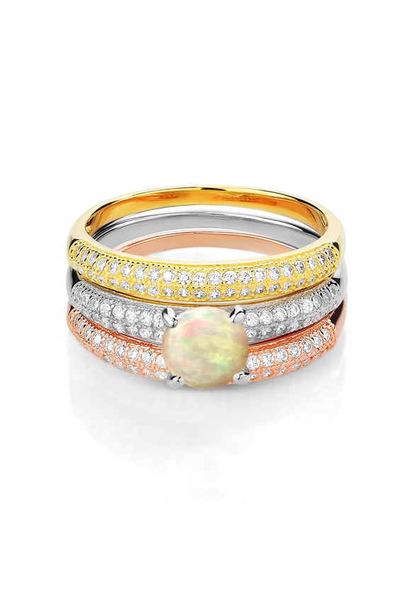 2.00 Ct Round Cabochon White Ethiopian Opal 925 Sterling Silver Set of 3 Stacking Ring (Size 5)