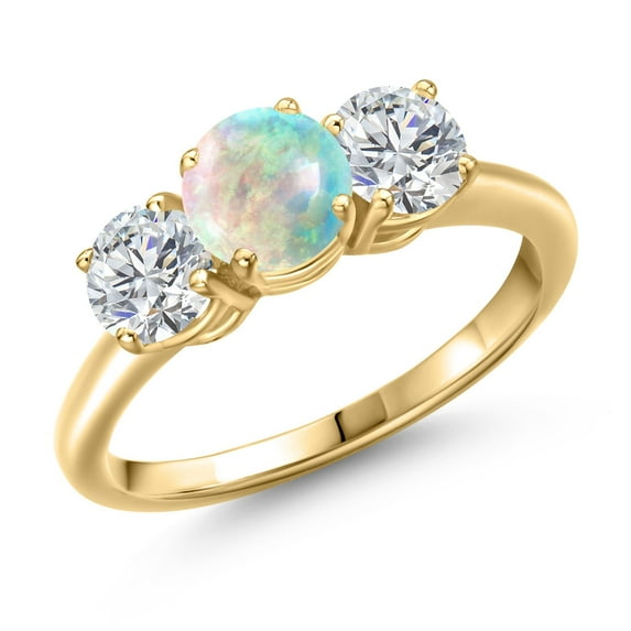 Gem Stone King 18K Yellow Gold Plated Silver Simulated White Opal and Lab Grown Diamond Engagement Ring for Women | 1.30 Cttw | Round Cabochon 6MM | Gemstone October Birthstone | Size 9
