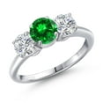 thumbnail image 1 of Gem Stone King 925 Sterling Silver Green Created Emerald and Lab Grown Diamond Engagement Ring for Women | 2.00 Cttw | Round 6MM | Gemstone May Birthstone | Size 5, 1 of 6