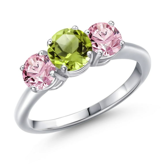 Gem Stone King 925 Sterling Silver Green Peridot and Pink Lab Grown Diamond Engagement Ring for Women | 2.00 Cttw | Round 6MM | Gemstone August Birthstone | Size 7