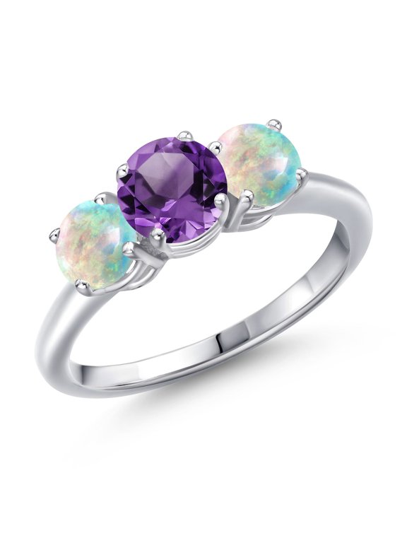 925 Sterling Silver Purple Amethyst and Simulated White Opal Engagement Ring for Women | 2.00 Cttw | Round 6MM | Gemstone February Birthstone | Size 9