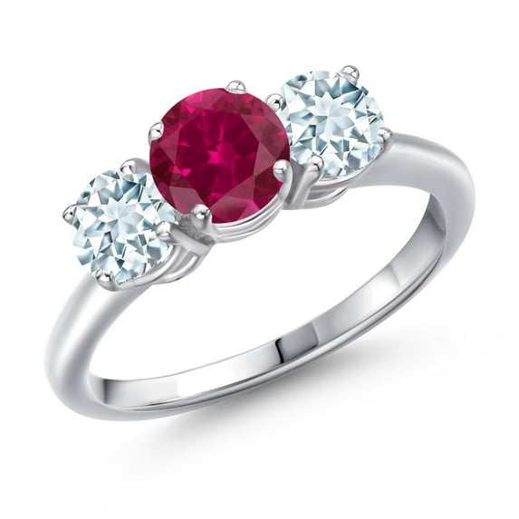 Gem Stone King 925 Sterling Silver Red Created Ruby and Sky Blue Aquamarine Engagement Ring for Women | 2.00 Cttw | Round 6MM | Gemstone July Birthstone | Size 7