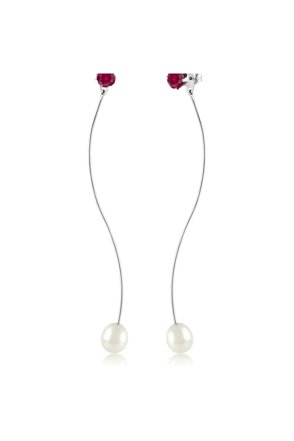 2.00 Ct Round Red Created Ruby and Cultured Freshwater Pearl 925 Sterling Silver Earrings