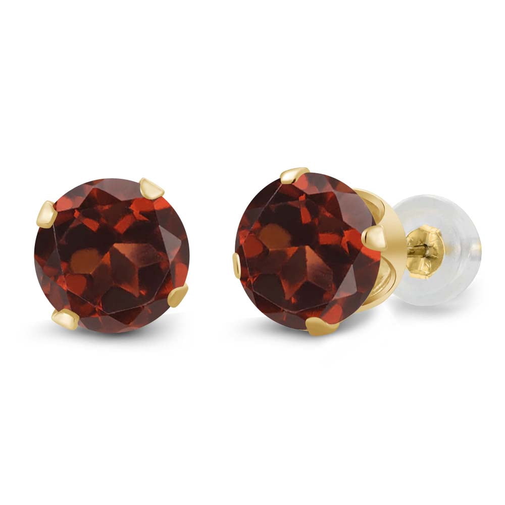 Gem Stone King 2.00 Ct Round Red Garnet 14K Yellow Gold 4-prong Stud Earrings for Women Men 6mm