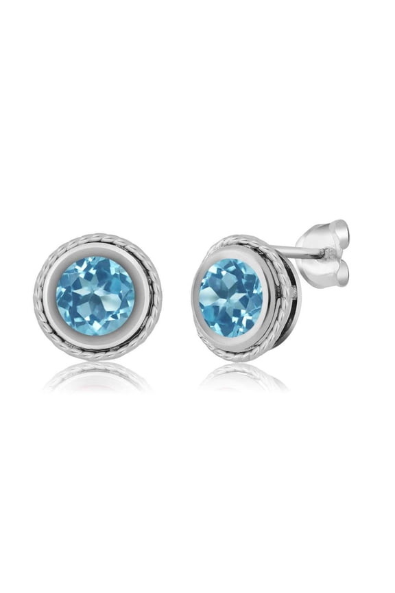 2.00 Ct Round Swiss Blue Topaz 925 Sterling Silver bezel Stud Earrings for Women Men 6mm