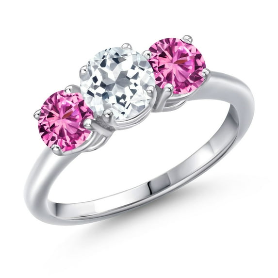 Gem Stone King 925 Sterling Silver White Topaz and Pink Created Sapphire Engagement Ring for Women | 2.00 Cttw | Round 6MM | Gemstone November Birthstone | Size 9