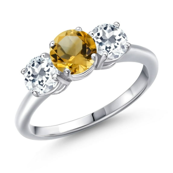 Gem Stone King 925 Sterling Silver Yellow Citrine and White Topaz Engagement Ring for Women | 2.00 Cttw | Round 6MM | Gemstone November Birthstone | Size 9