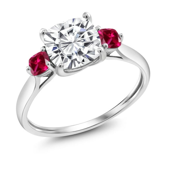 Gem Stone King 2.00 Cttw 10K White Gold Moissanite and Red Created Ruby 3 Stone Engagement Ring for Women | Cushion 7MM and 3MM |Three Stone Wedding Promise Ring (Size 7.5)